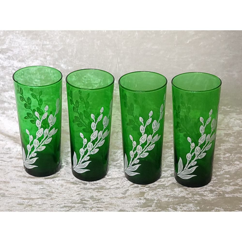 4 Vtg MCM Anchor Hocking Green Highball Glasses White Flower Bud P Willow 16